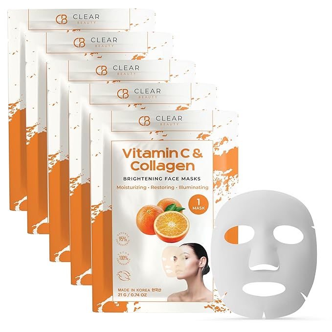Clear Beauty Vitamin C & Collagen Face Mask - Dermatologist Tested - Diminishes Fine Lines & Wrinkles, Anti-Aging, Natural Ingredients, Cruelty-Free Korean Skin Care - All Skin Types