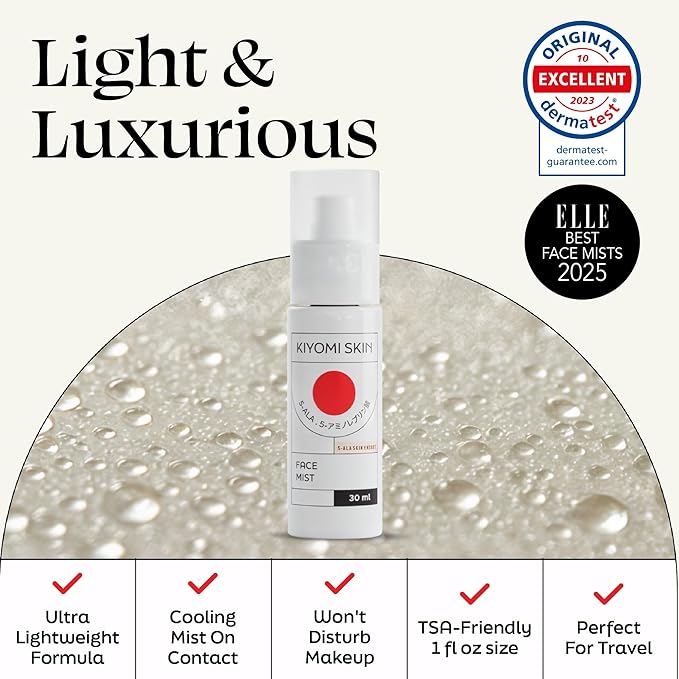Travel Face Mist Spray - Portable Facial Moisturizer with 5-ALA, Hyaluronic Acid, Green Tea, Lavender - TSA-Friendly Hydrating Mist for On-the-Go Refreshment - Made in Germany - 1 Fl Oz