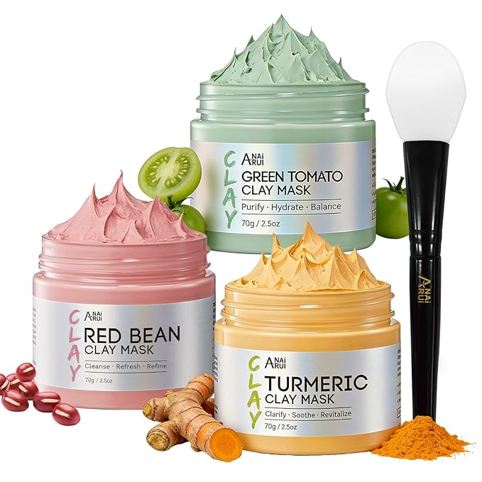 ANAI RUI 3 Pcs Pore Cleansing Face Mask Set Green Tomato Clay Mask - Turmeric Vitamin C Facial Mask Red Bean Refreshing Pore Mask, Relaxing Spa Gift Set Self Care for Women/Teens Girls 2.5 oz each