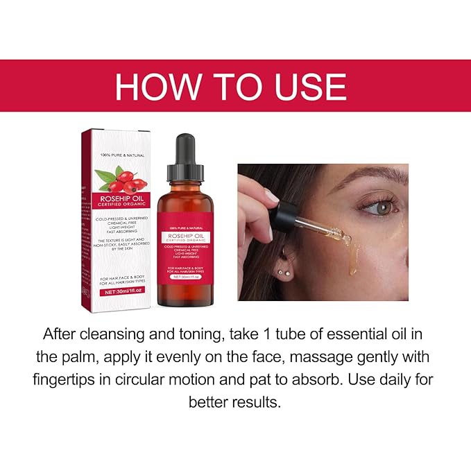 Certified Organic Rosehip Oil, Cold-Pressed, Chemical Free, Fast Absorbing, for Hair, Face & Body, 1 fl oz
