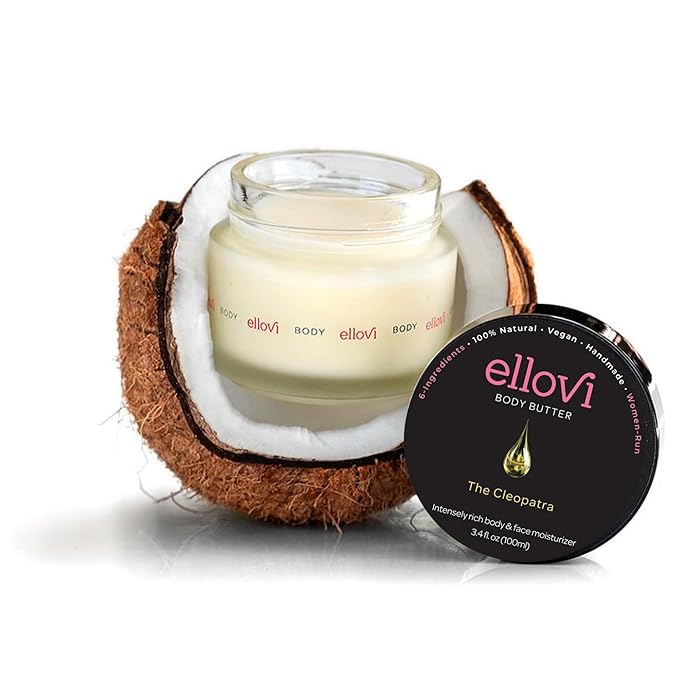 Ellovi All-Natural Body Butter - The Cleopatra - Pure Enough to Eat - Made With Just 6 Vegan Ingredients - Ultra-Rich 100% Plant-Based Moisturizer For Naturally Healthy Skin (3.4 fl. oz/100ml)