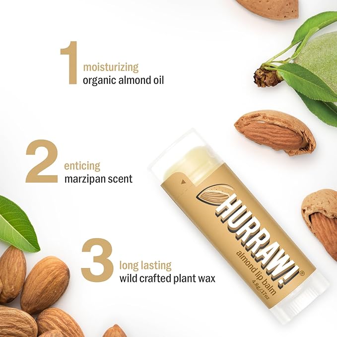 Hurraw! Almond Lip Balm, 2 Pack: Organic, Certified Vegan, Cruelty and Gluten Free. Non-GMO, 100% Natural Ingredients. Bee, Shea, Soy and Palm Free. Made in USA