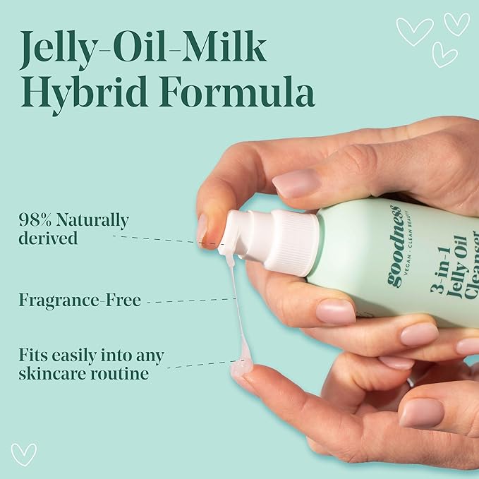 goodness 3 in 1 Jelly Oil Cleanser – Makeup Remover & Hydrating Oil Cleanser with Hyaluronic Acid – Waterproof Makeup Remover for Face – Vegan, Fragrance Free – 5 fl oz