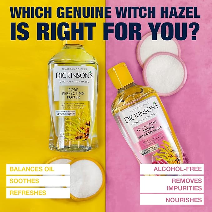 Dickinson's Enhanced Witch Hazel Hydrating Toner with Rosewater, Alcohol Free, 98% Natural Formula, 16 Fl Oz (Pack of 2)