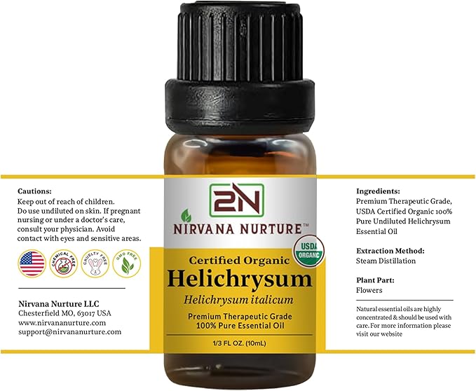 Helichrysum Essential Oil, USDA Certified Organic, 100% Pure Undiluted, Aromatherapy Oil for Diffuser, Hair & Skin Care