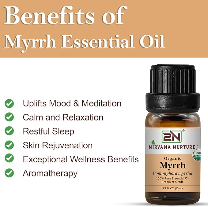 Myrrh Essential Oil, USDA Certified Organic, 100% Pure Undiluted, Aromatherapy Oil for Diffuser, Hair & Skin Care