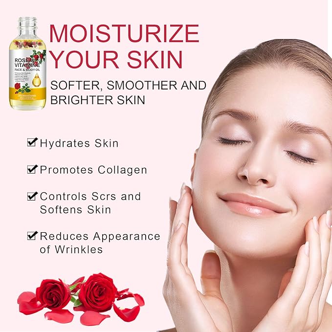 Rose Oil for Face, Rose Vitamin E Oil, Premium Vitamin E Facial Oil - Deep Hydration for Face & Body, Nourishes Dry Skin, Facial Care Support 2 Fl Oz