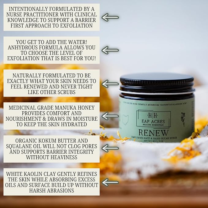 Emulsified Face Sugar Scrub, Organic squalane oil/Castor oil: Tremella Mushroom/Chamomile/Gotu Kola/Calendula/White Kaolin Clay, Manuka Honey-Gentle exfoliant-Dry/Sensitive/Mature skin (RENEW)