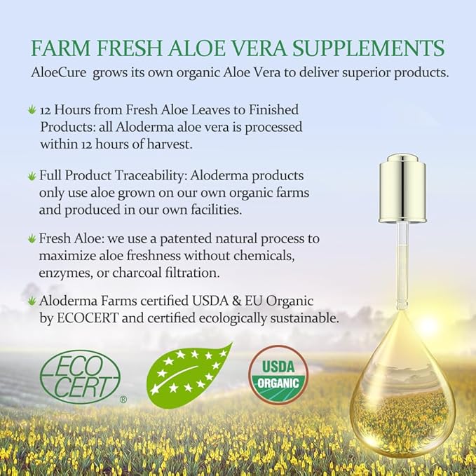 AloeCure USDA Organic Aloe Vera Juice Lemon Flavor - Made Within 12 Hours of Harvest - Natural Digestive Supplement for Balanced Stomach Acidity - Support Digestive and Immune Health, 4 Btls x 16.7oz