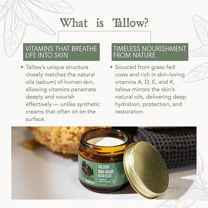 Tallow Sunscreen SPF 50 – Herb-Infused Balm with Non-Nano Zinc, Carrot Seed Oil & Grass-Fed Tallow – Natural Face & Body Moisturizer, Reef Safe, Organic Ingredients, Made in USA – 2.5x3 oz