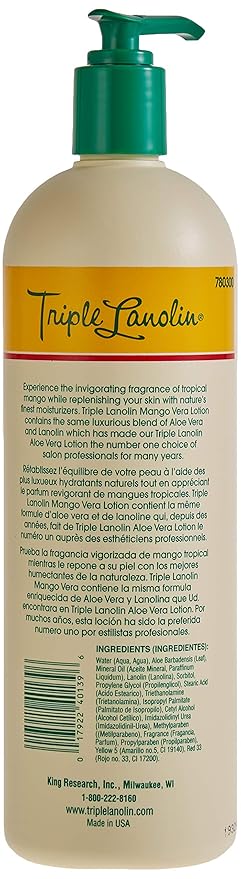 Triple Lanolin Mango Vera Soothing Lotion (20 Oz) – Tropical Mango Scented Aloe & Lanolin Moisturizer for All Skin Types – Deeply Hydrating Hand and Body Lotion – Non-Greasy & Fast-Absorbing