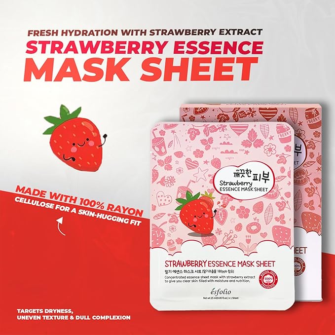 esfolio Strawberry Essence Mask – Hydrating Korean Sheet Mask with Strawberry Extract – Nourishing, Moisturizing, Skin Revitalizing Face Mask for Radiant, Smooth Skin (Pack of 10)
