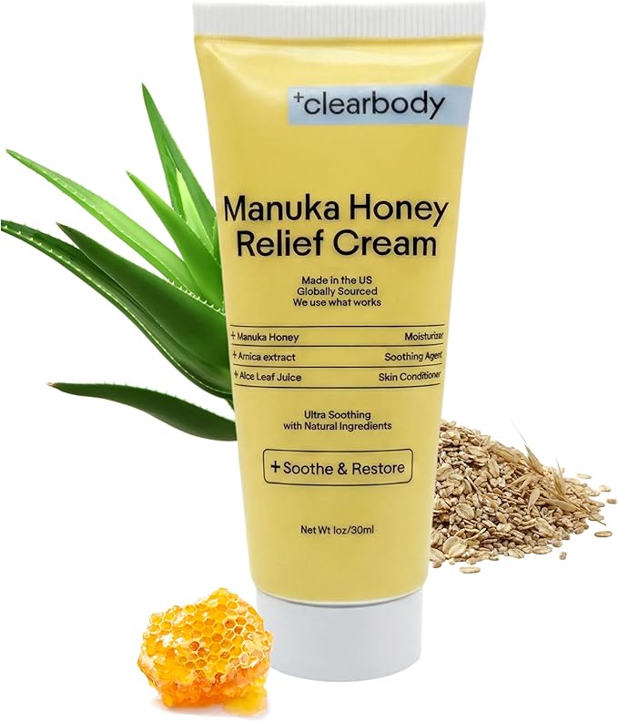 Clearbody Organics Manuka Honey Cream for Eczema & Dry Skin - Manuka Honey Ointment - Colloidal Oatmeal, Aloe & Natural Ingredients - Fast Relief Lotion for Reactive Skin - No Greasy Residue - 1 oz