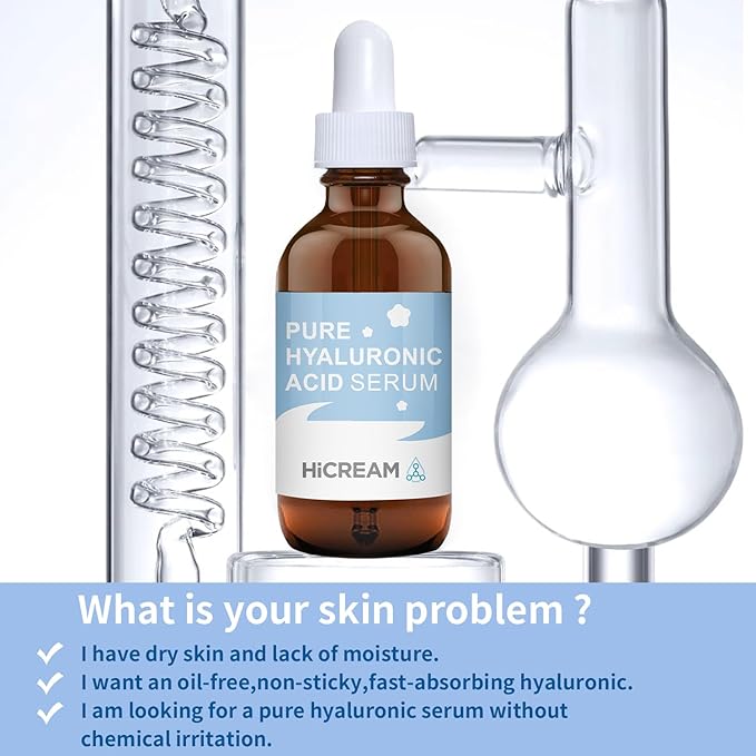 Hicream Hyaluronic Acid Serum for Face, Brightening Serum - Even Skin Tone&100% Pure Anti Aging, Intense Hydrating Moisturizer, Non-Greasy, Paraben-Free, Water-Based Skincare for All Skin Types (2 Oz)