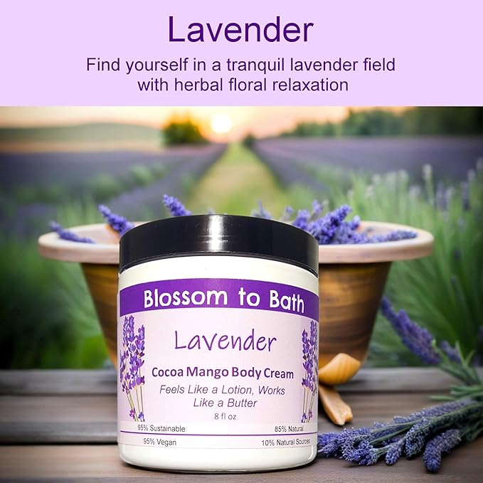 Blossom to Bath Lavender Cocoa Mango Body Cream (8 Ounce) - Pure Essential Oil Fragrance - Feels Like A Lotion And Works Like A Butter with a Relaxing Comforting Scent