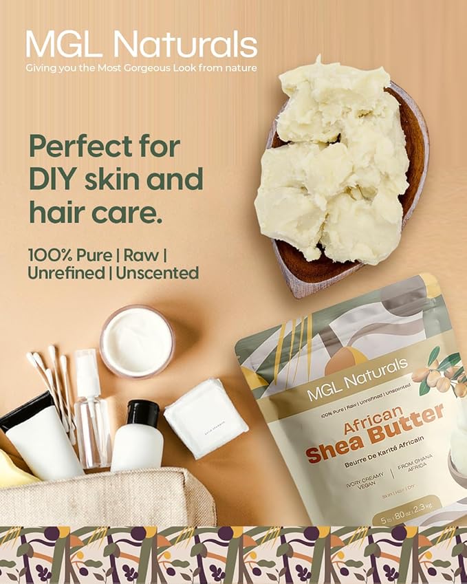 MGL Naturals Raw African Shea Butter Ivory 5 lb, 100% Pure and Unrefined. Nourish and moisturize skin and hair. Use alone or DIY recipes. From Ghana (5 lb)