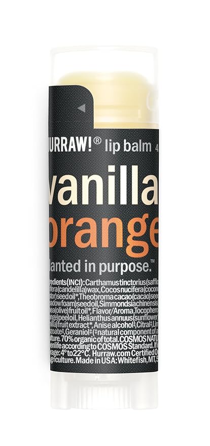 Hurraw! Vanilla & Orange Combo Lip Balm: Organic, Certified Vegan, Cruelty and Gluten Free. Non-GMO, 100% Natural Ingredients. Bee, Shea, Soy and Palm Free. Made in USA