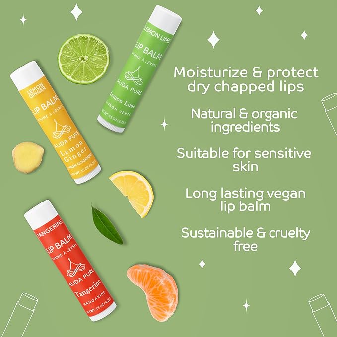 Citrus Lip Balm Collection, Vegan Set, Bees Wax Free, Coconut Oil Free, with Organic Jojoba and Avocado Oil, Vitamin E, Natural Moisturizer For Dry Cracked Lips, 3 Tube Set
