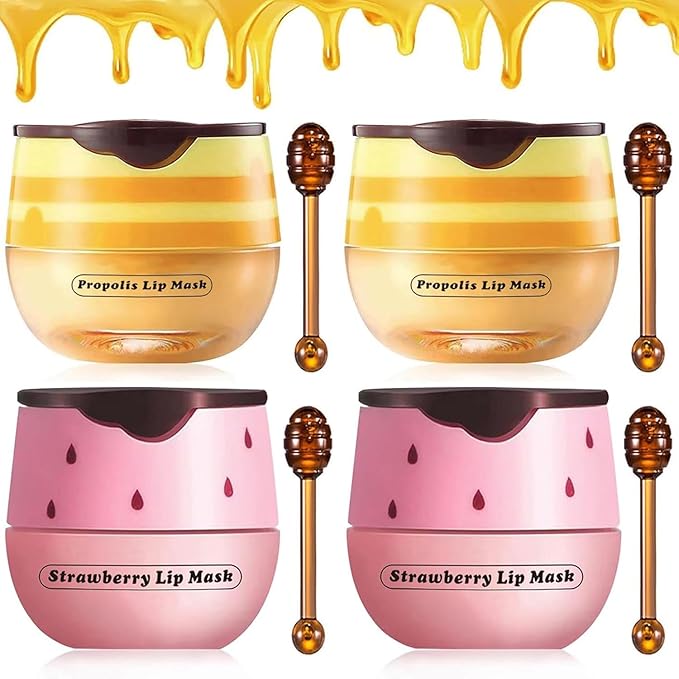 Lip Balm Sleeping Lip Mask, Long-Lasting Nourishing & Moisturizing Lip Night Care Lip Anti-chapped Lip Cream Lip Skin Care (2Pcs Honey & 2Pcs Strawberry)