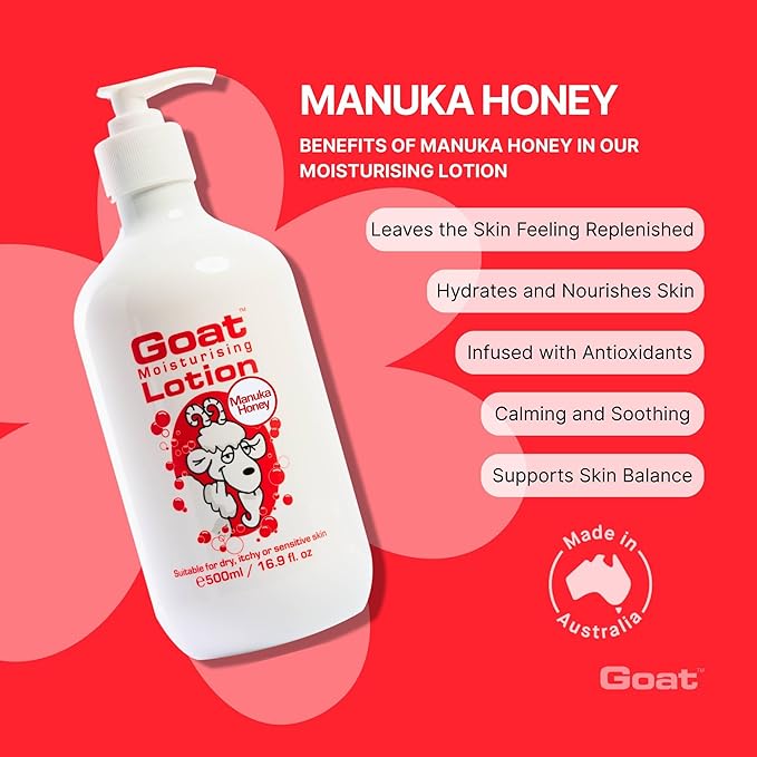 Goat Milk Lotion - Moisturizing - Non Greasy - 17 oz Enriched Milk, Suitable for Dry, Itchy or Sensitive Skin - Made in Australia - Manuka Honey