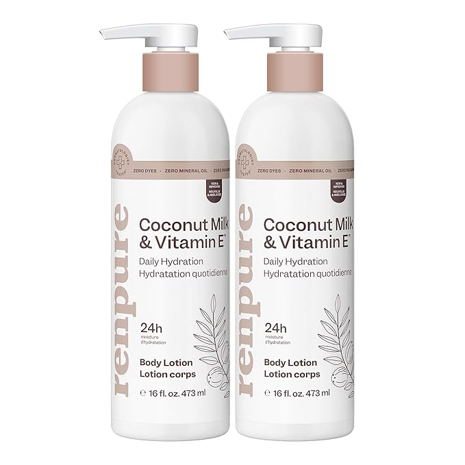 Renpure Coconut Milk & Vitamin E Hydrating Body Lotion – 24HR Moisturization – Lightweight Daily Hydration – For All Skin Types – Coconut Oil & Vitamin E – 16 Fl Oz Each, 2 Pack