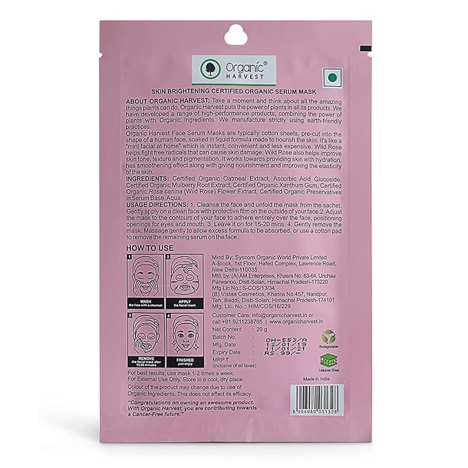 Organic Harvest Brightening Face Sheet Mask, 100% American Certified Organic, Sulphate & Paraben Free - 20gm