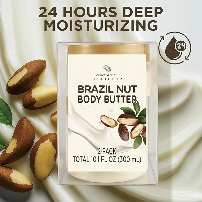 Brazil Nut Body Butter, Shea Body Butter for Women Dry Skin, Natural Brazil Nut Lotion for Body Care Smell Good-3.4 floz+6.8 floz(100ml+200ml)