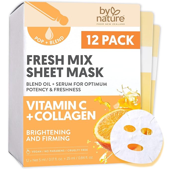 By Nature POP + BLEND Fresh Mix Vitamin C Collagen Sheet Mask – DIY Facial Treatment for Firming & Hydrating Skin with Kakadu Plum & Vitamin E – Pack of 12