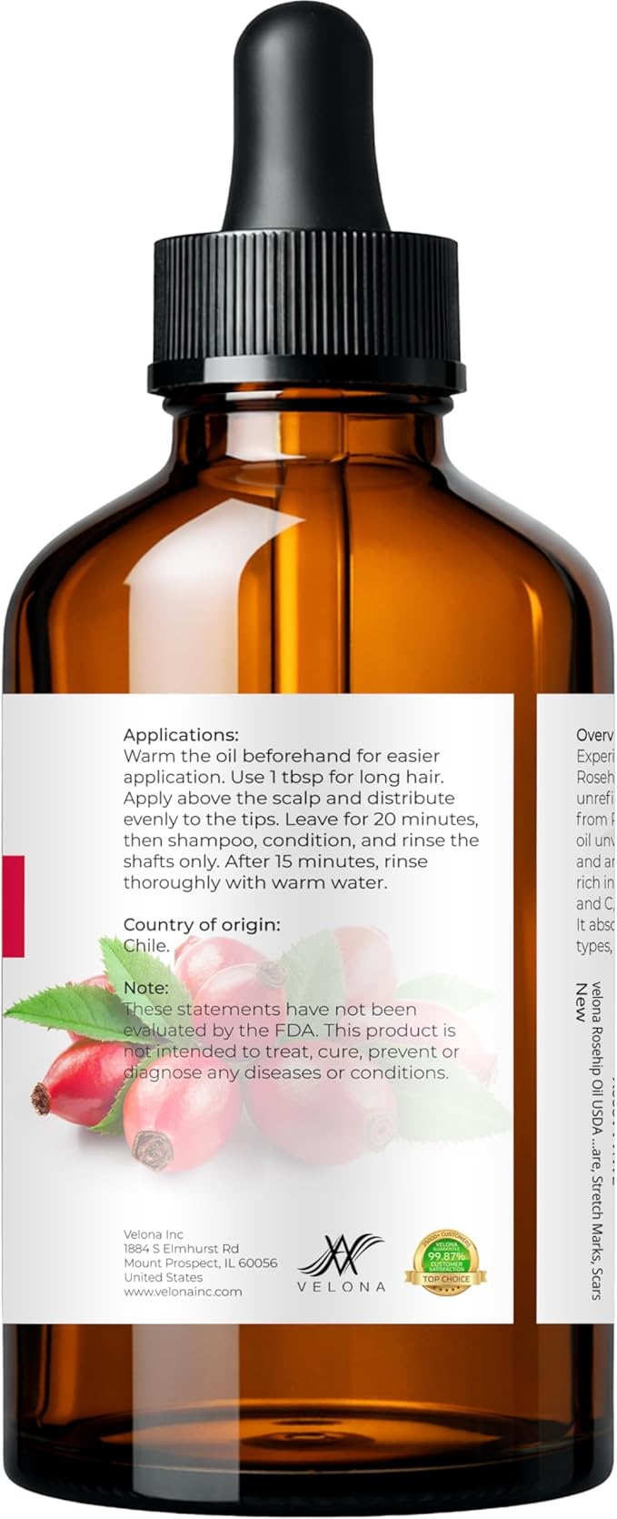 velona Rosehip Oil - 4 Fl Oz | 100% Pure and Natural Carrier Oil| Unrefined, Cold Pressed, Hexane Free | Moisturizing Face, Hair, Body, Skin Care, Stretch Marks, Scars…