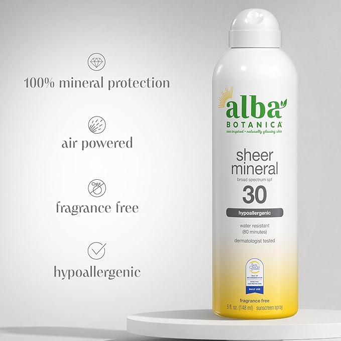 Alba Botanica Sheer Mineral Sunscreen Spray, SPF 30, Fragrance-Free Broad Spectrum, Water Resistant and Biodegradable, 5 fl. Oz. Bottle