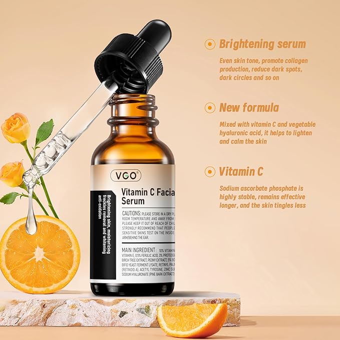 VGO Vitamin C Serum for Face, Vit C Anti Aging Serum with Hyaluronic Acid & Vitamina E, Deep Hydration Facial Care for All Skin Types, 2.02oz / 60ml