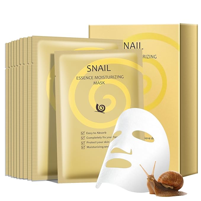 Snail Mucin Mask, Pack of 10 Snail Mucin Sheet Masks, Deep Hydrating Face Mask for All Skin Types, Moisturizing, Strengthen Skin Barrier, Relieve Dryness
