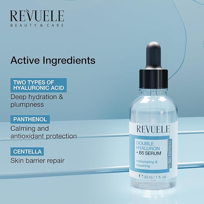 REVUELE Double Hyaluron + B5 Serum, Hydrating Face Serum with Hyaluronic Acid & Panthenol 1 fl.oz