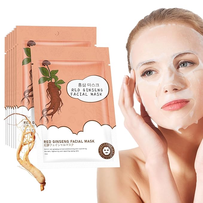 Hydrating Facial Masks Skincare for Women,Red Ginseng Face Mask Sheet Skincare, Moisturizing Face Mask for All Skin Types (10-Packs)