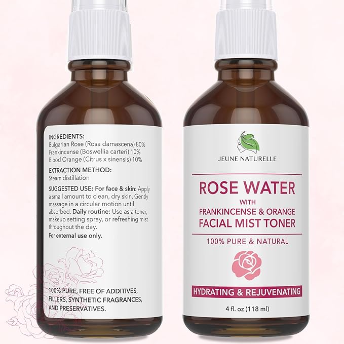Rose Water Spray for Face - 100% Pure Rosewater with Frankincense & Blood Orange Facial Mist Toner, Alcohol Free, Dye Free, Body Mist & Face Mist - Steam Distillation, 4 oz
