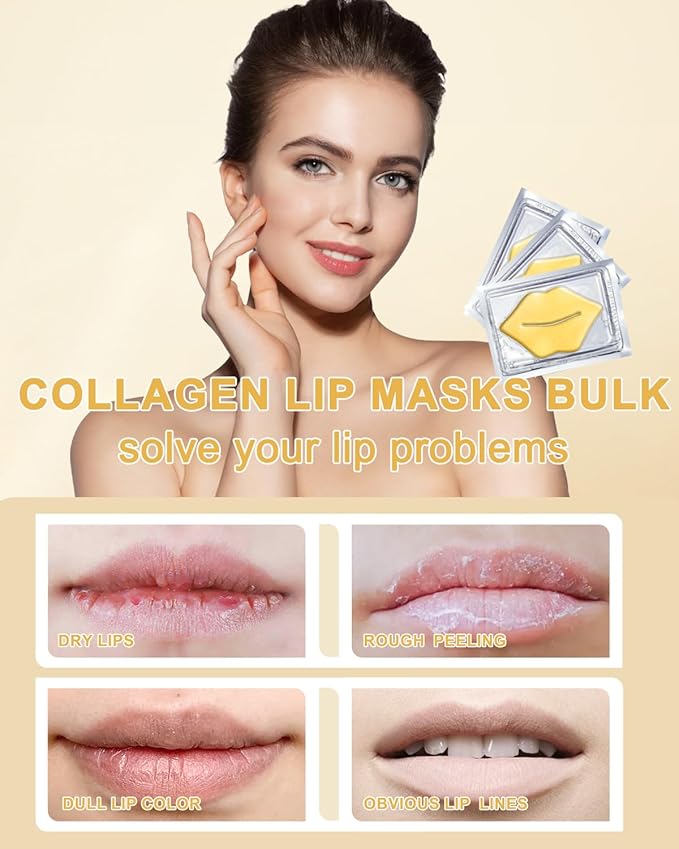 Collagen Lip Mask Patches Golden Sheets 20 Pack,24k Gold Overnight Lips Masks Moisturized Lips,Soothing & Nourishing Moisture,Anti-Aging,Bulk Lip Patches masks Individually Wrapped