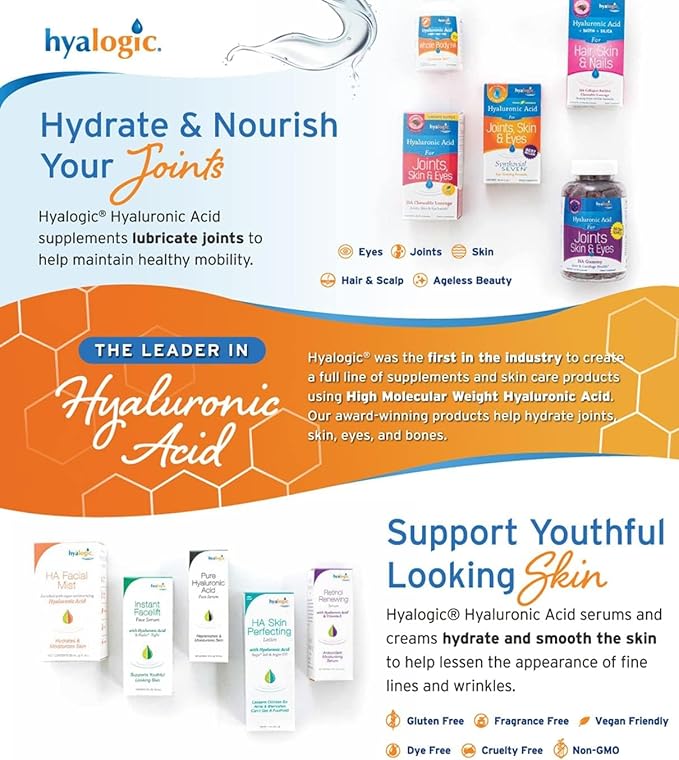 Hyalogic Hyaluronic Acid Liquid Supplement - 100mg High Molecular Weight Hyaluronic Acid for Joints, MSM Advanced Joint Support, Vegan Oral Hydration Formula, 12 oz