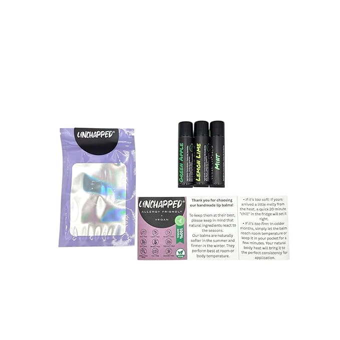 Vegan Lip Balm 3 Pack - All Natural and Free of Beeswax, Soy, Nut, and Top 9 Food Allergens (Mint, Lemon Lime, Green Apple)