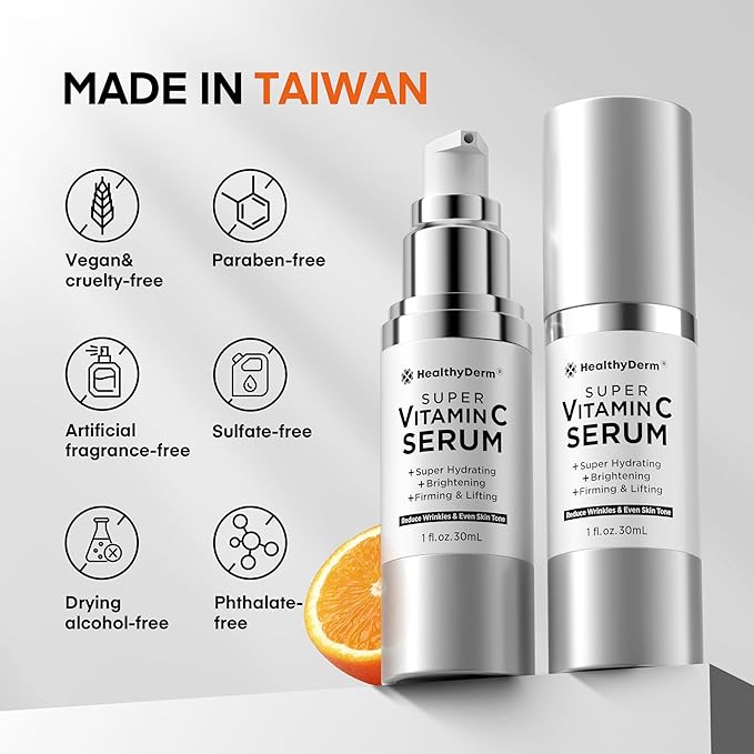 HealthyDerm Super Vitamin C Serum for Women Over 70: Niacinamide, Vitamin C, Hyaluronic Acid, Peptides, Vitamin E, Caffeine, Bakuchiol, Hydrating, Lifting, Face Wrinkle & Age Spots Reduction