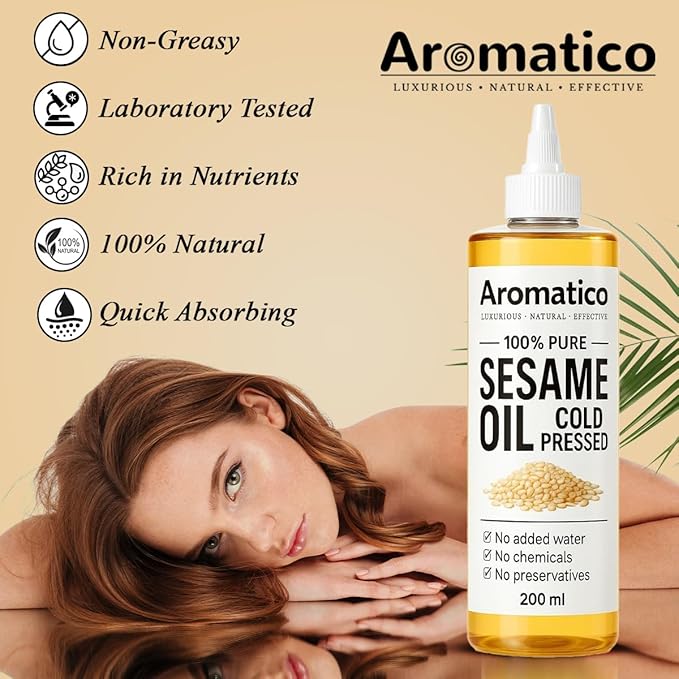 Aromatico 100% Pure Cold Pressed Sesame Oil for Skin, Hair & Massage – Lightweight, Non-Greasy Daily Care Oil, No Added Chemicals or Preservatives - 7 Fl Oz