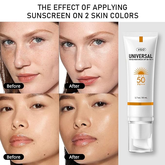 VGO Tinted Sunscreen for Face SPF 50, Hydrating Sun Essence Leaves No Sticky Feeling Travel Size Sunscreen Against UVA and UVB Rays 50ml / 1.7oz