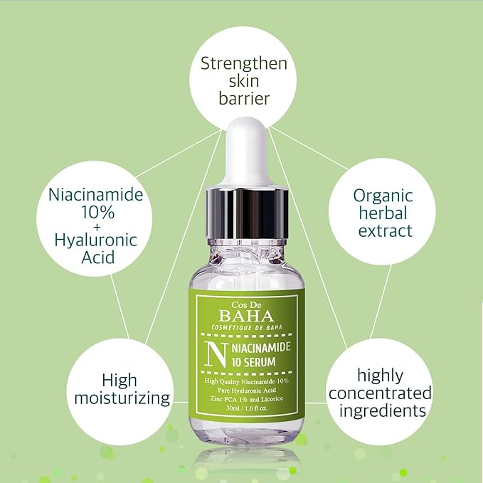 Cos De BAHA Niacinamide 10% Serum 1 Fl Oz – Zinc PCA, Hyaluronic Acid & Aloe for Balancing, Pore-Refining & Uneven Tone (30 ml)