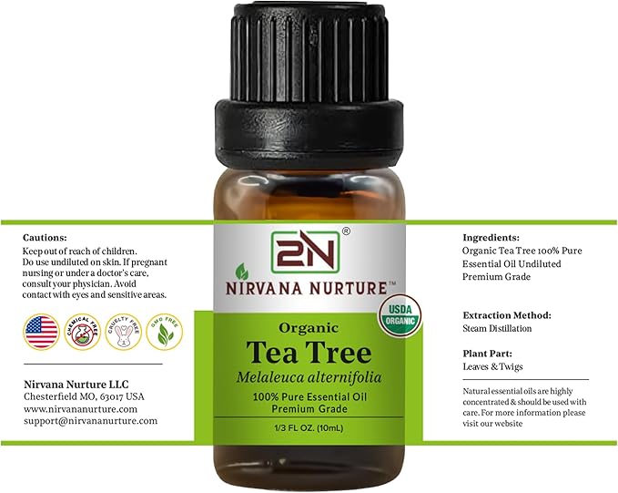 Tea Tree Essential Oil, USDA Certified Organic, 100% Pure Undiluted, Aromatherapy Oil for Diffuser, Hair & Skin Care