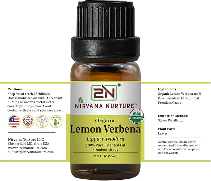 Lemon Verbena Essential Oil, USDA Certified Organic, 100% Pure Undiluted, Aromatherapy Oil for Diffuser, Hair & Skin Care