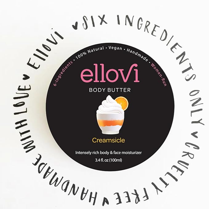 Ellovi All-Natural Body Butter - Creamsicle - Pure Enough to Eat - Made With Just 6 Vegan Ingredients - Ultra-Rich 100% Plant-Based Hydrating Moisturizer For Naturally Healthy Skin (3.4 fl. oz/100ml)