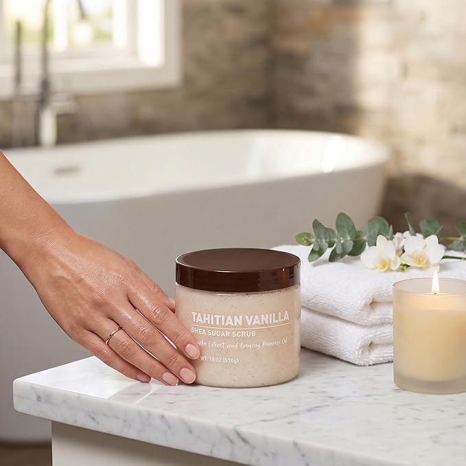 Vanilla Bean Sugar Scrub – Exfoliating Body Scrub for Women, Moisturizing Shea Butter, Natural Sugar Exfoliant, Hand and Foot Scrub, Paraben-Free, All Skin Types, 18 oz (18oz, Tahitian Vanilla)