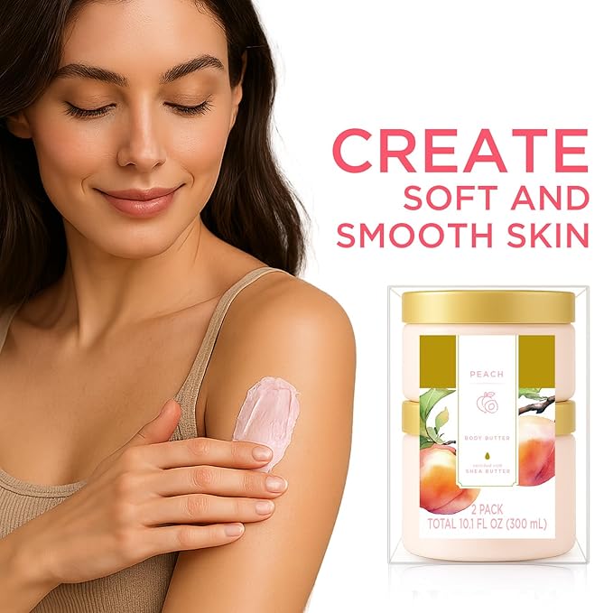 Princess Belle Peach Body Butter, Shea Body Butter and Body Moisturizer for Dry Skin, Smell Good, Peach Gifts for Women-2 Pack (3.4floz + 6.8 floz)
