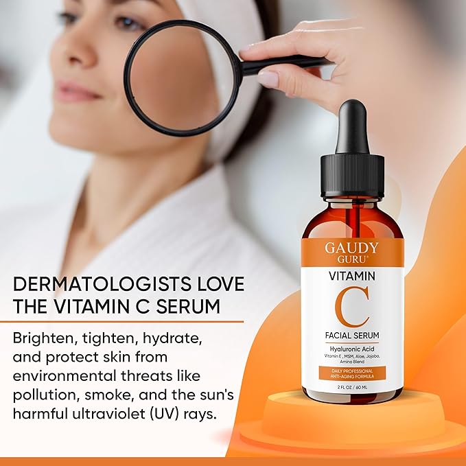 100% PURE VITAMIN C SERUM FOR FACE, Anti Aging Serum with Hyaluronic Acid, Vitamin E, MSM, Hydrating Serum for Dark Spots, Fine Lines, Wrinkles, Organic Vegan Ingredients - DOUBLE SIZED (2 OZ)