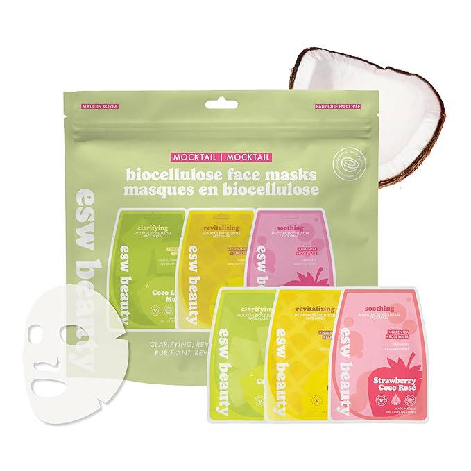 ESW Beauty Mocktail Face Mask Set - 3-Pack Vegan Face Masks for Hydrating, Revitalizing & Calming Skin - Includes Coco Lime Mojito, Strawberry Coco Rosé & Piña Colada Biocellulose Masks