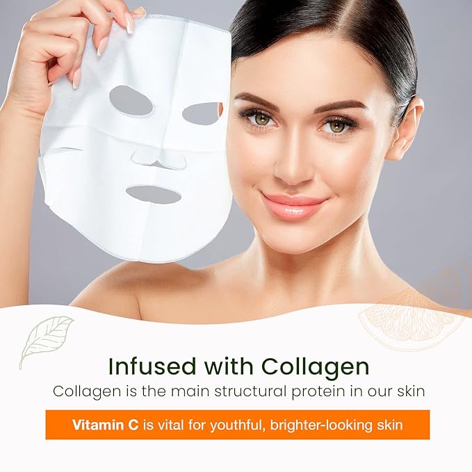 Natural Chemist Vitamin C & Collagen Sheet Face Mask - Brightening, Anti-Aging, Skin Nourishing, Moisturizing, Dermatologist Tested, Cruelty Free Korean Skin Care For All Skin Types - 20 Masks